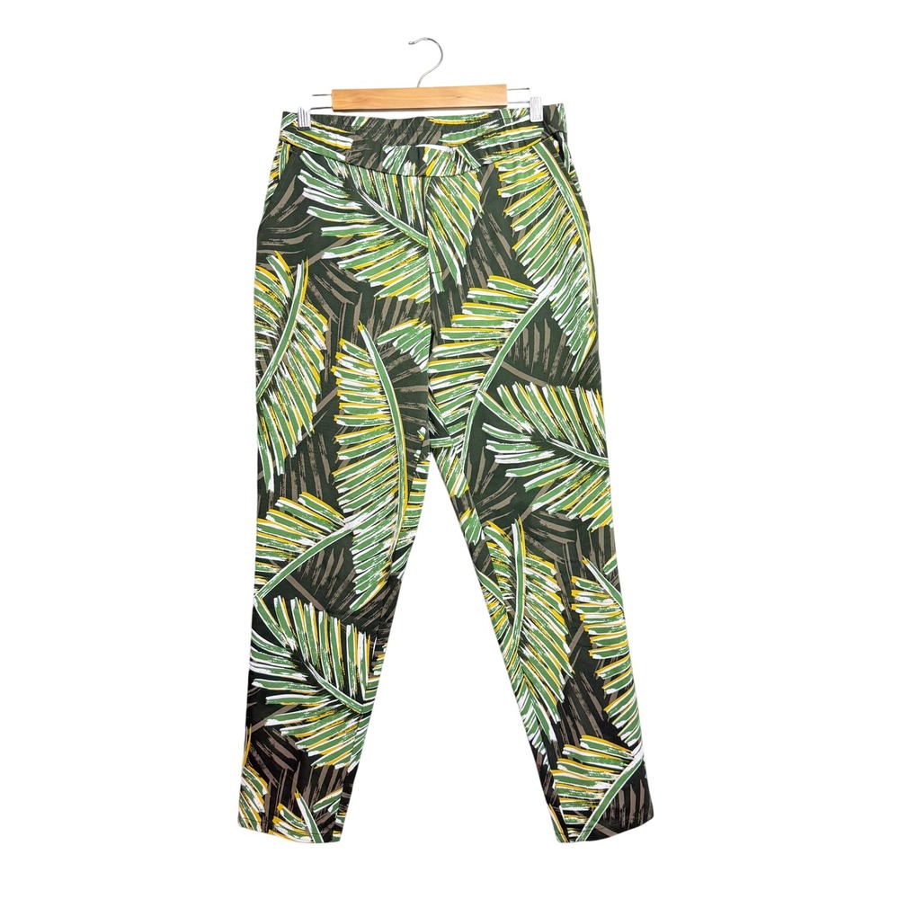 Lemon Way Tropical Palm Leaf Print Pull On Tapered Pants Green Yellow Womens 10